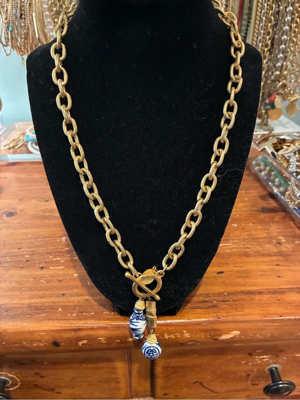 Susan Shaw Chain Necklace with Blue & White Porcelain Drops